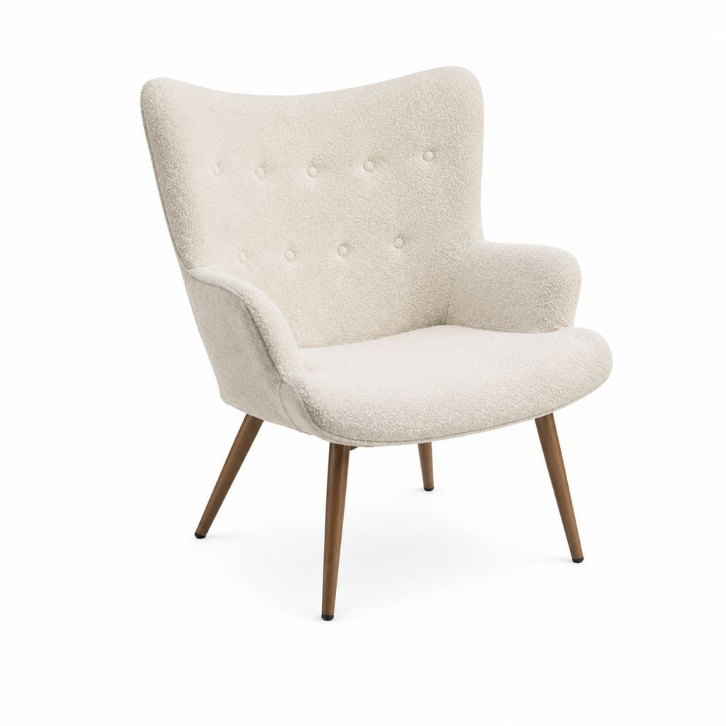 Ohrensessel Cremeweiß aus Bouclé-Polyester mit Massivholzbeinen geschwungen 75 x 80 x 98 cm