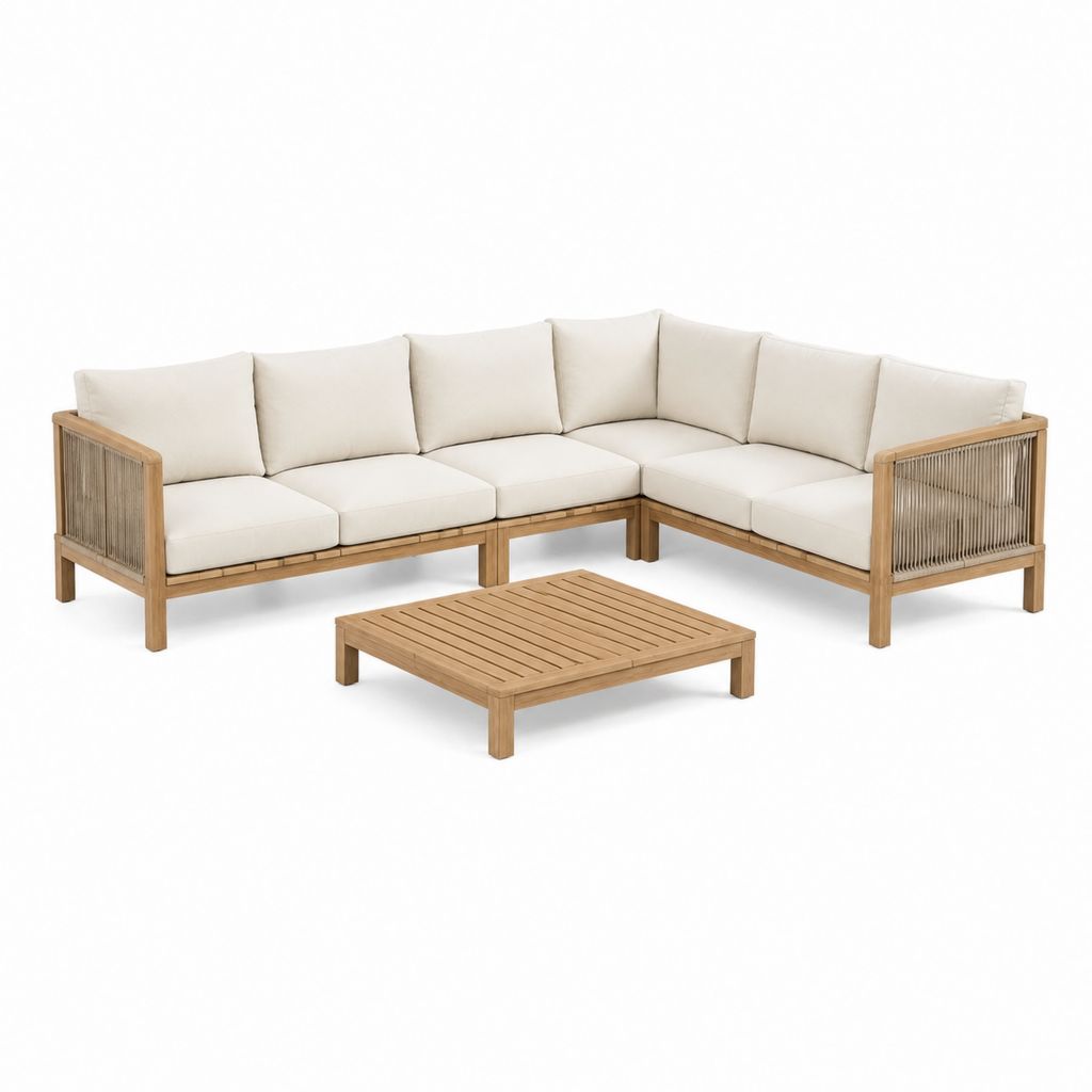 Gartenlounge Ecksofa Set beige aus Akazienholz mit Seilgeflecht 250 x 250 cm und Couchtisch 100 x 60 cm