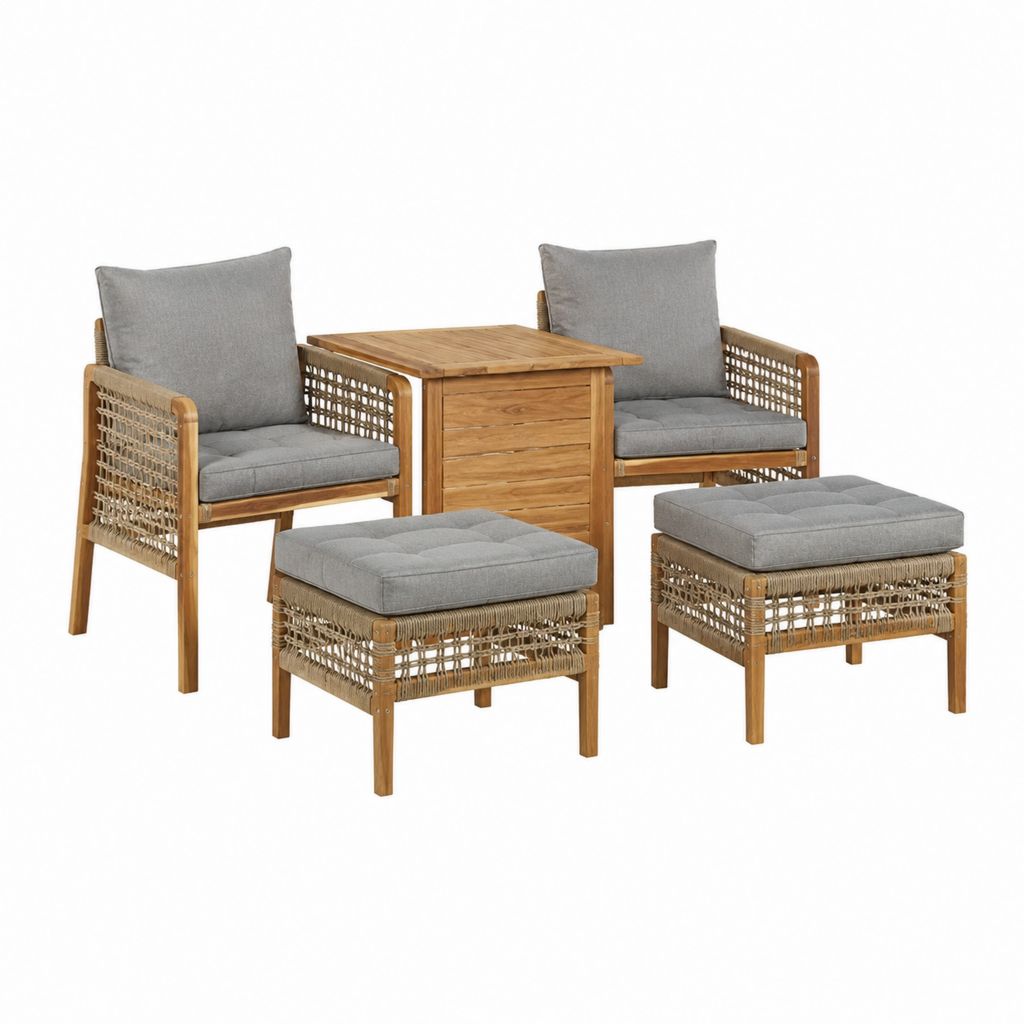 5-teiliges Gartenmöbel-Set aus Akazien-Massivholz mit PE-Geflecht Grau 2 Sessel 2 Hocker Tisch 60 x 60 cm