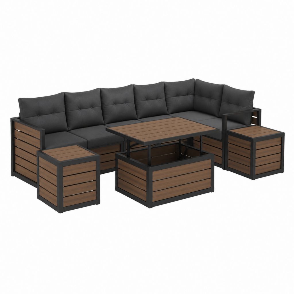 Gartenlounge Set Anthrazit Braun Stahl WPC L-Form mit Sitzkissen 238 x 180 cm