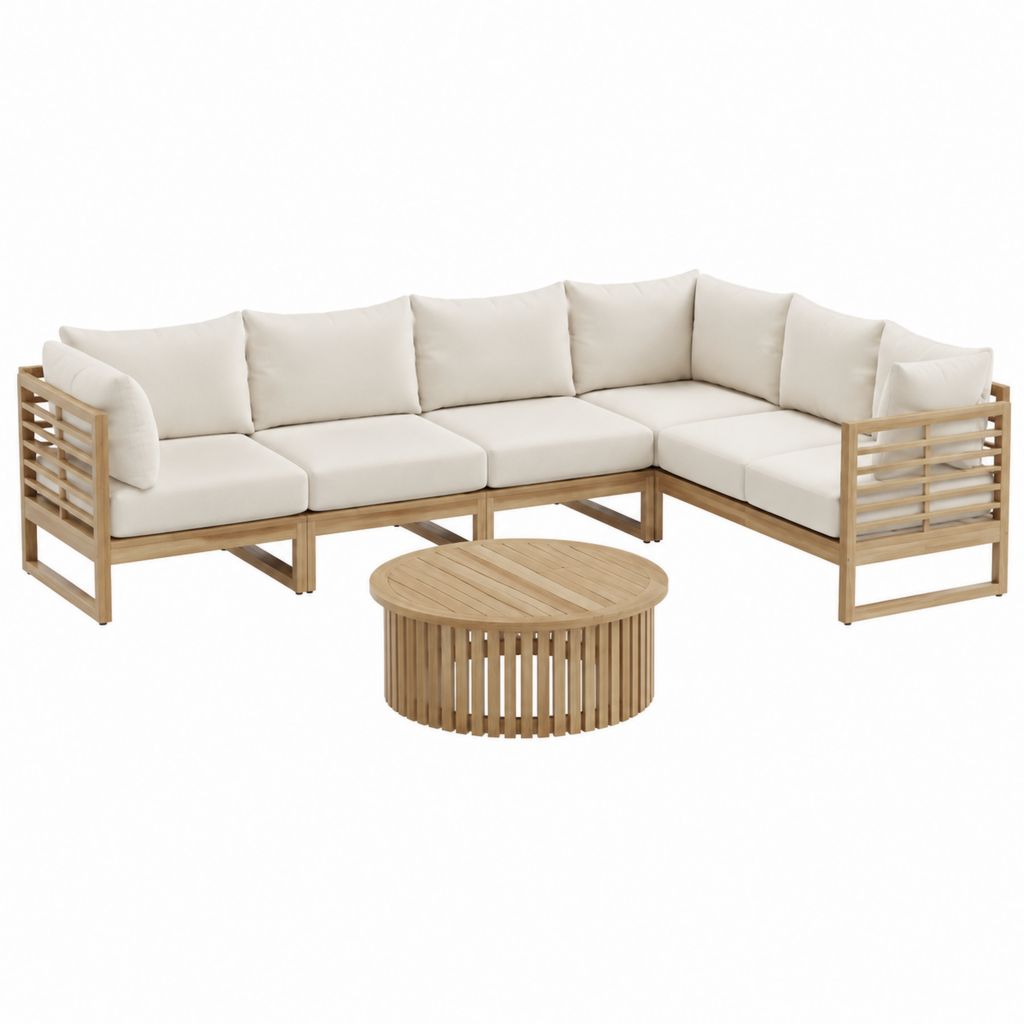 5-Sitzer Gartenlounge-Set L-Form Naturholz Beige mit Couchtisch 210 x 210 cm