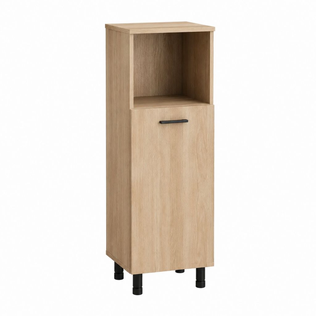 Badezimmerschrank Hochschrank Eiche hell Spanplatte rechteckig mit Tür und offenem Fach 30 x 30 x 100 cm