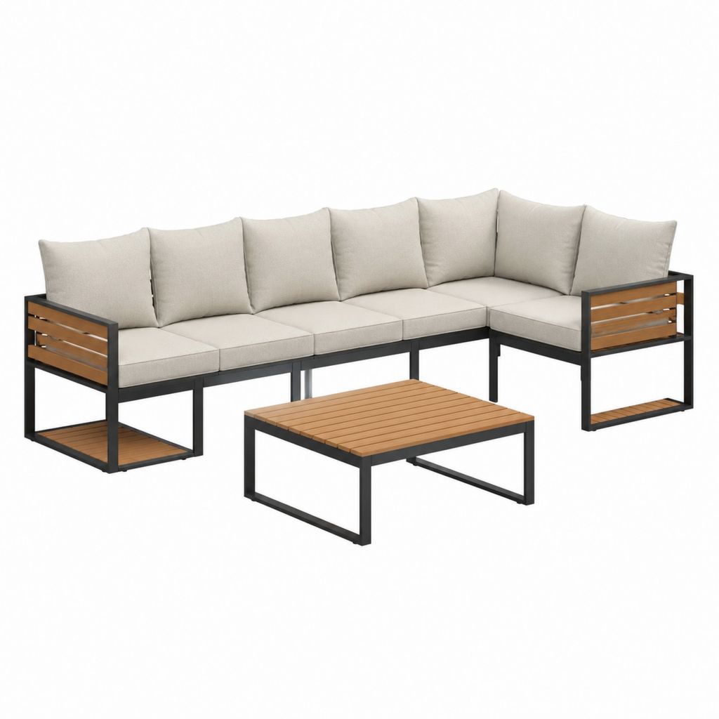6-teiliges Gartensofa Set Beige mit Stahlgestell und Akazienholz 255 x 195 cm