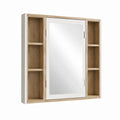 Spiegelschrank Badezimmer Eiche Weiß melaminbeschichtete Spanplatte rechteckig mit Spiegeltür und 6 offenen Fächern 80 x 60 x 15 cm