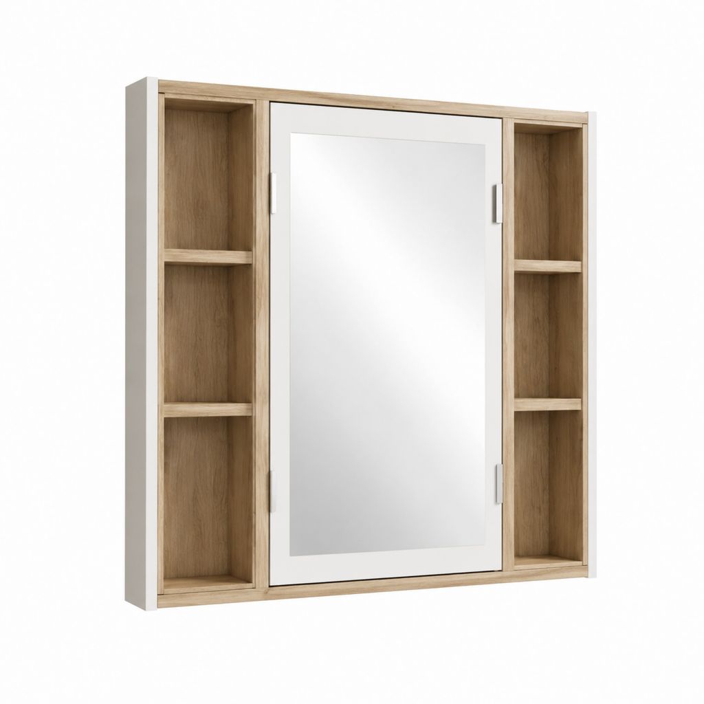 Spiegelschrank Badezimmer Eiche Weiß melaminbeschichtete Spanplatte rechteckig mit Spiegeltür und 6 offenen Fächern 80 x 60 x 15 cm