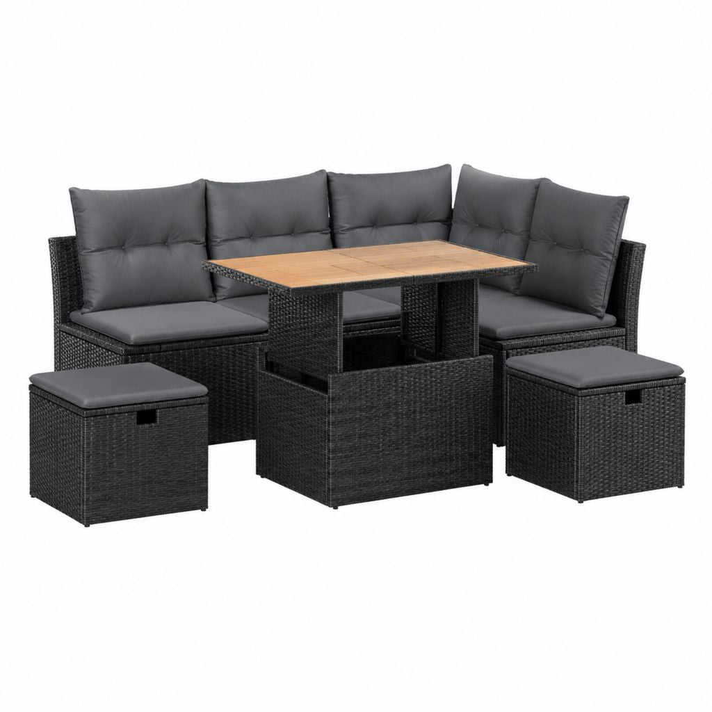 5-teiliges Gartensofa-Set Schwarz PE-Rattan L-Form mit höhenverstellbarem Tisch 220 x 170 x 76 cm