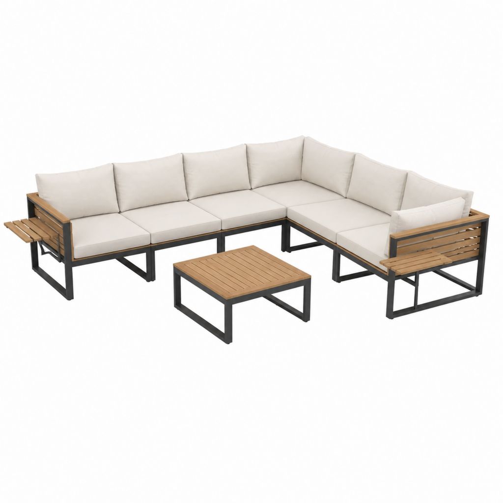 Garten Lounge Sofa Set L-förmig Beige Stahl Akazienholz 260 x 205 x 75 cm mit Couchtisch