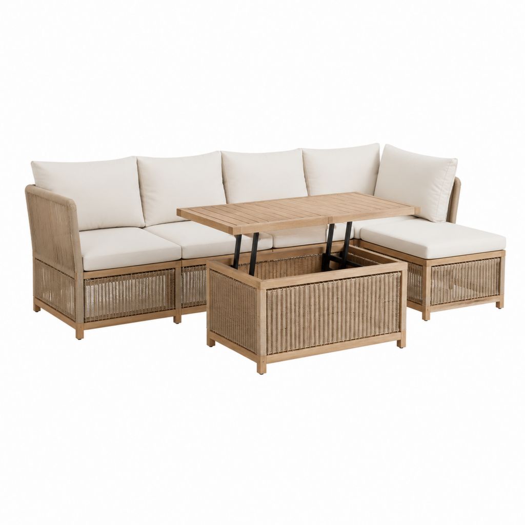 Gartenlounge Set Beige aus massivem Akazienholz und PE-Geflecht mit höhenverstellbarem Tisch 190 x 140 x 75 cm